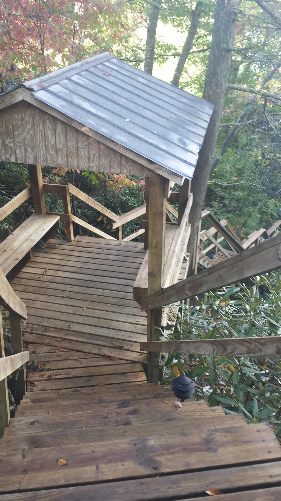 Metal roofed shelter over wooden steps on a wooded walkway — Skylight Repair & Installation work by our crew in Haslet